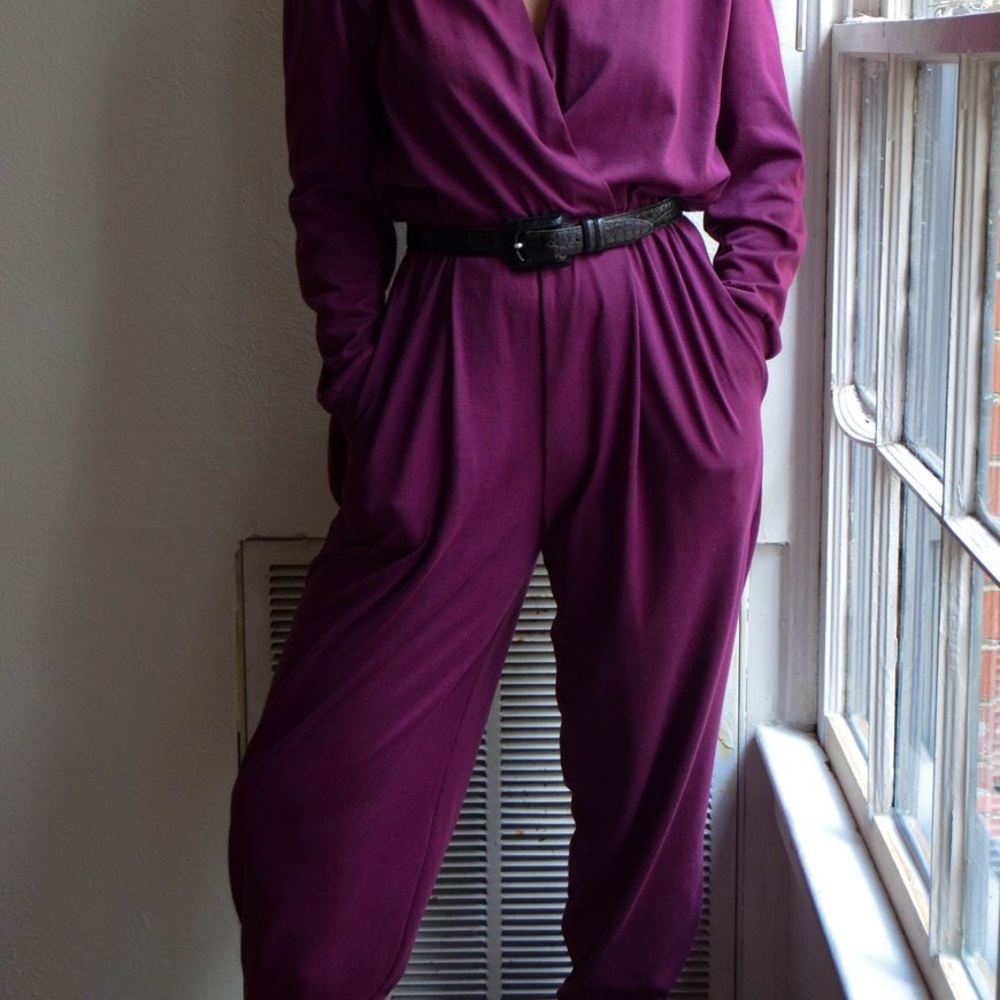 Vintage 80s Stretch Knit Purple Jumpsuit - Picture 2 of 4